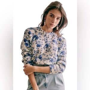 SEZANE La Maille Floral Print V-Neck Sweater Sz XS Blue White Wool Mohair Blend
